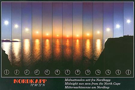Carte postale : le soleil de minuit au Cap Nord